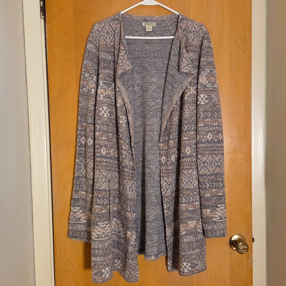 Lucky Brand Duster Open Front Jacket Sz XL Cotton Linen Gray Tan Southwest Aztec